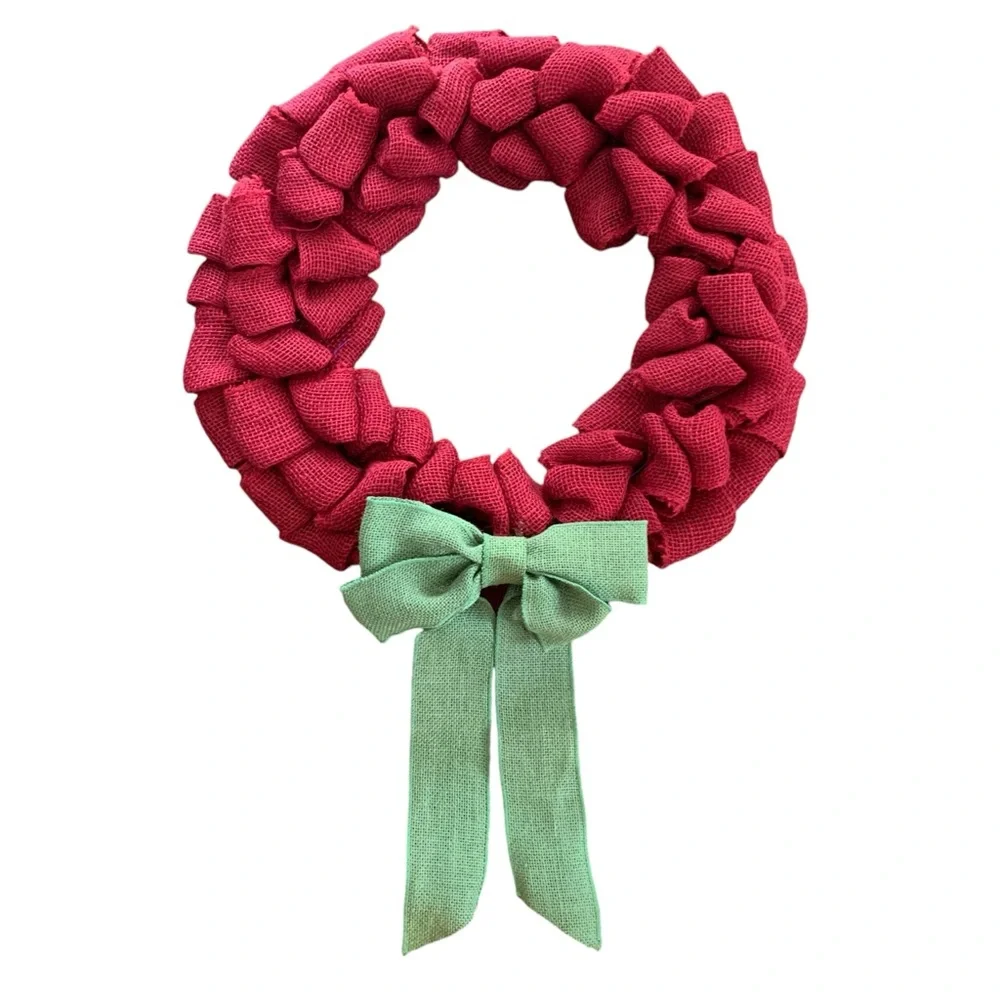 Red & Green Bow Burlap Wreath – Weaved Holiday Decoration – Thick Wire Frame